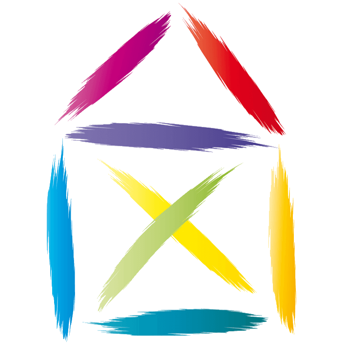 Symbol eines Strichhauses, in der Mitte ein Kreuz. Jeder Strich in einer anderen Farbe. Symbolisiert Kreativität.